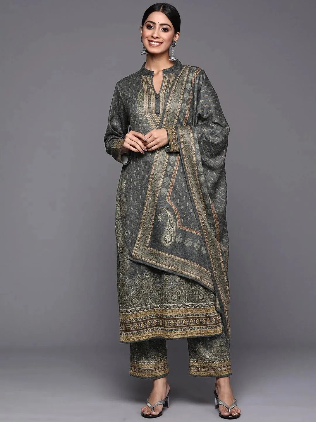 Grey Printed Wool Straight Suit Set - Libas