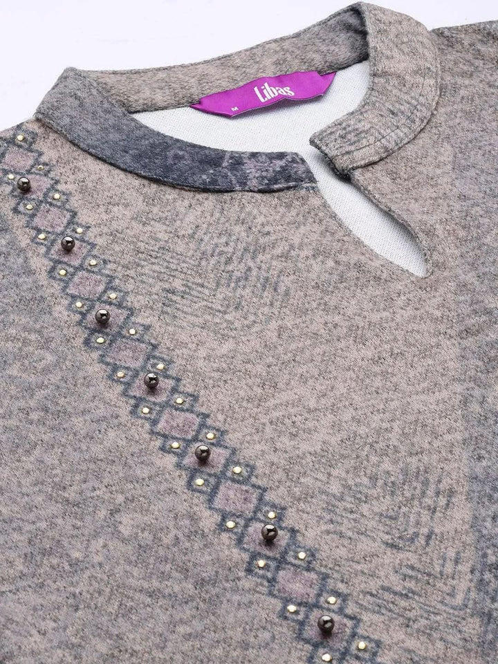 Grey Printed Wool Straight Suit Set - Libas