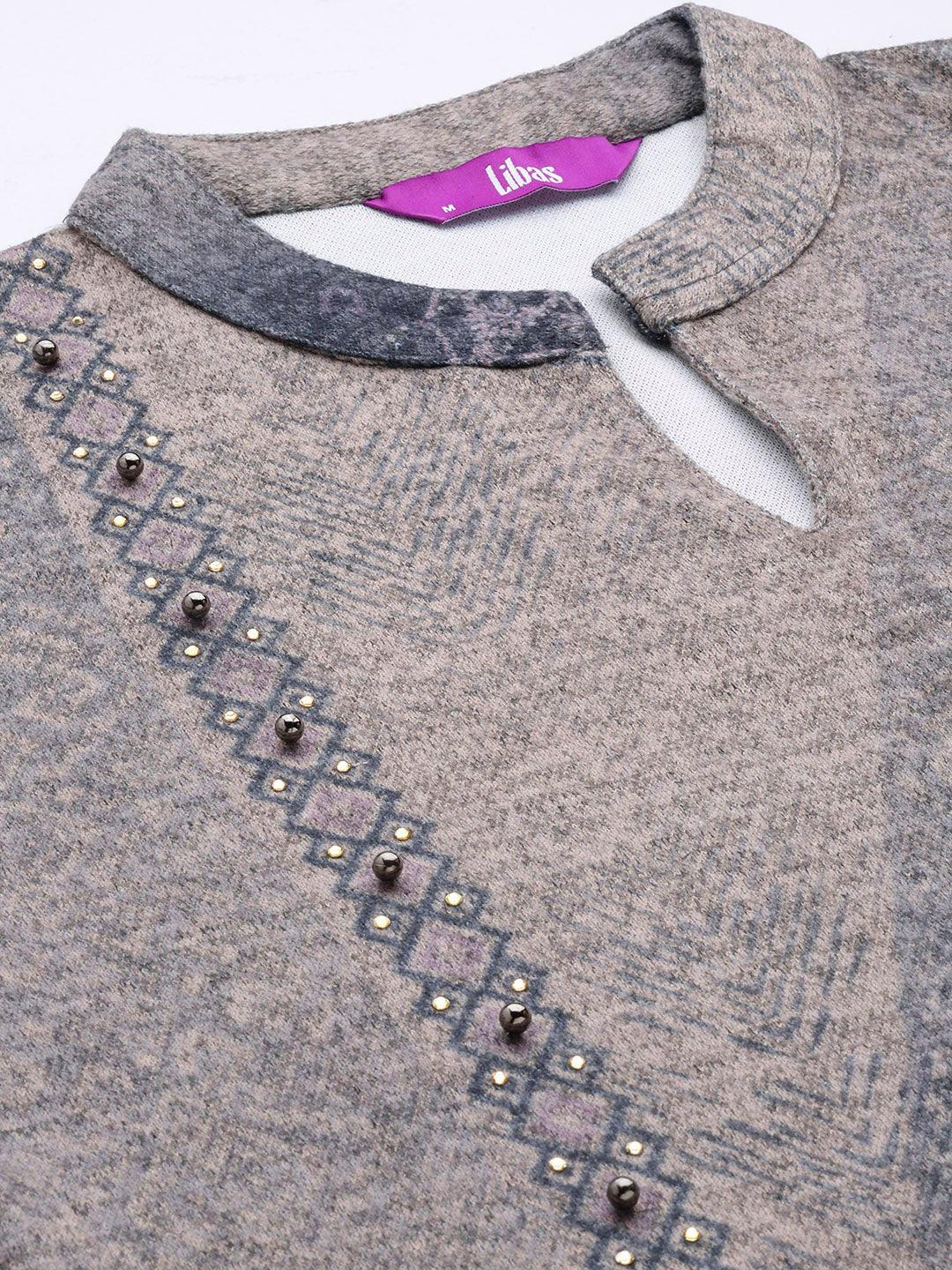 Grey Printed Wool Straight Suit Set - Libas