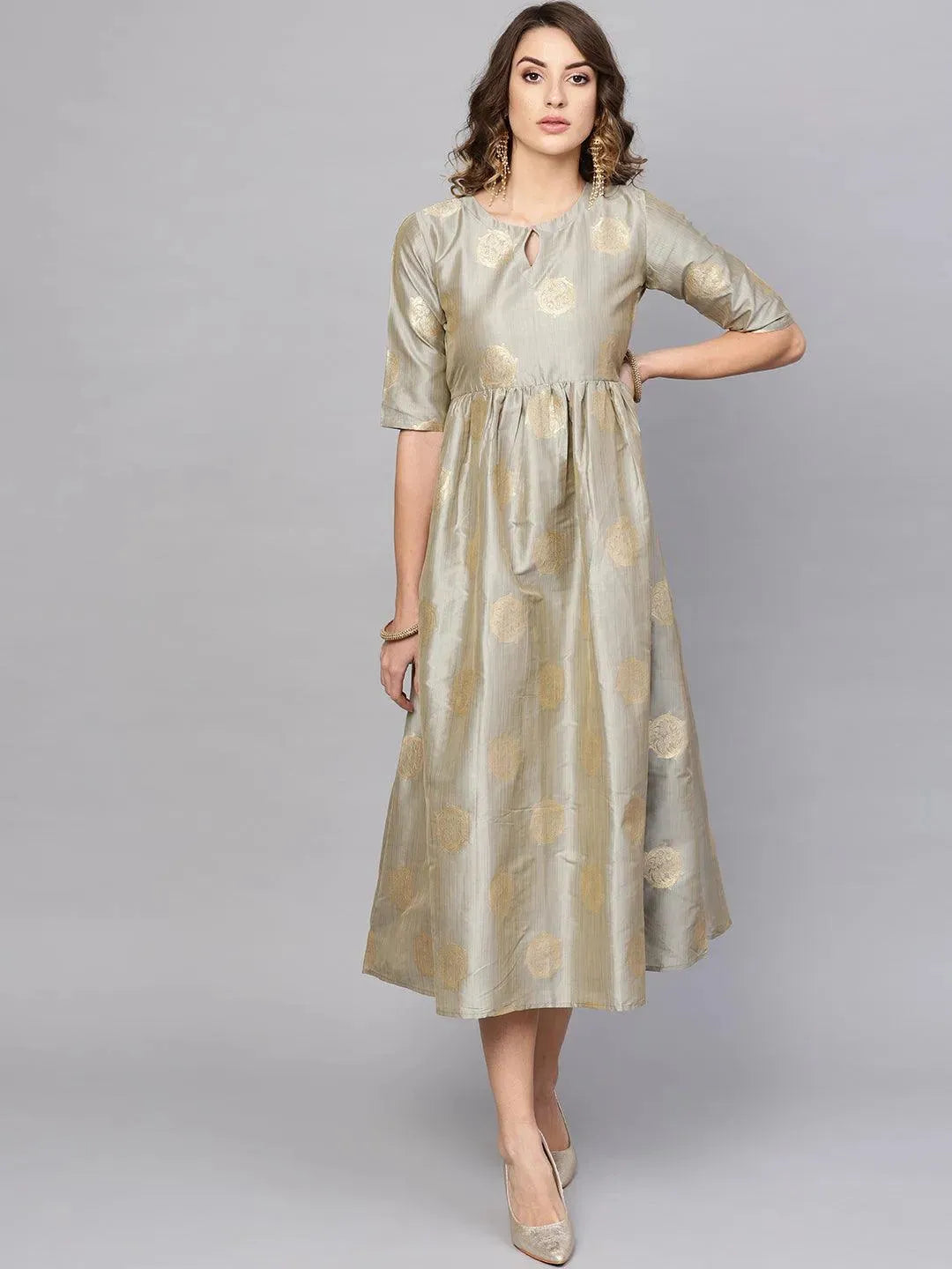 Grey Self Design Chanderi Dress - Libas