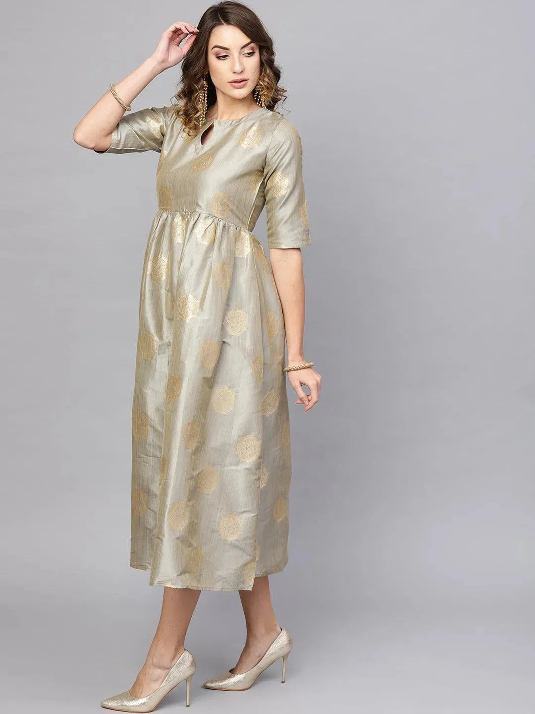 Grey Self Design Chanderi Dress - Libas