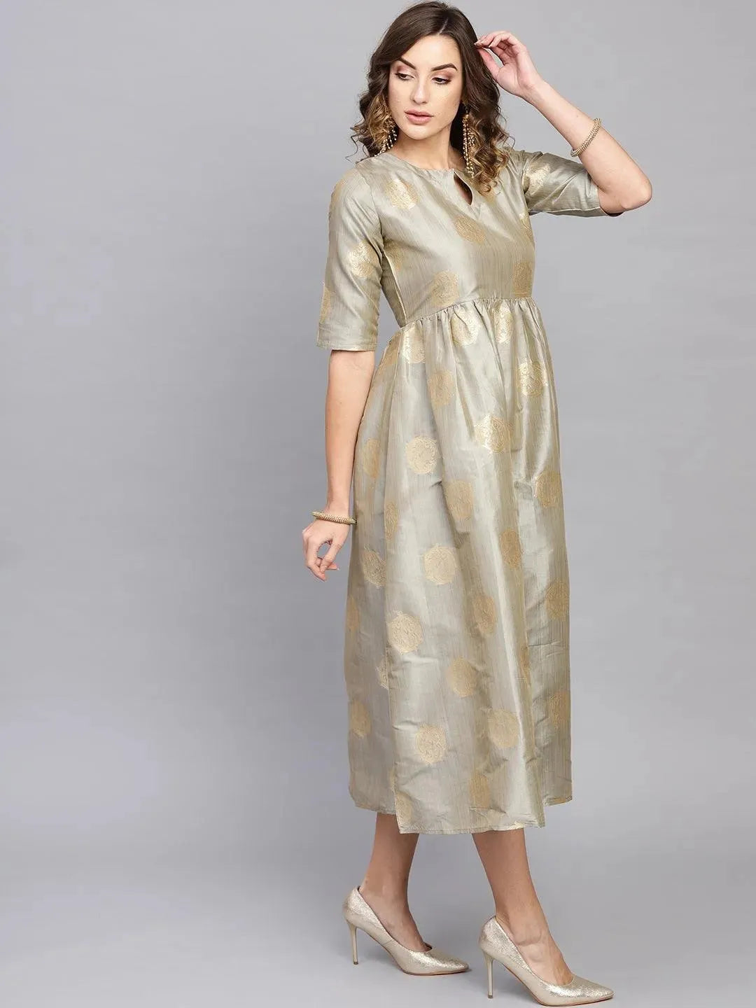 Grey Self Design Chanderi Dress - Libas