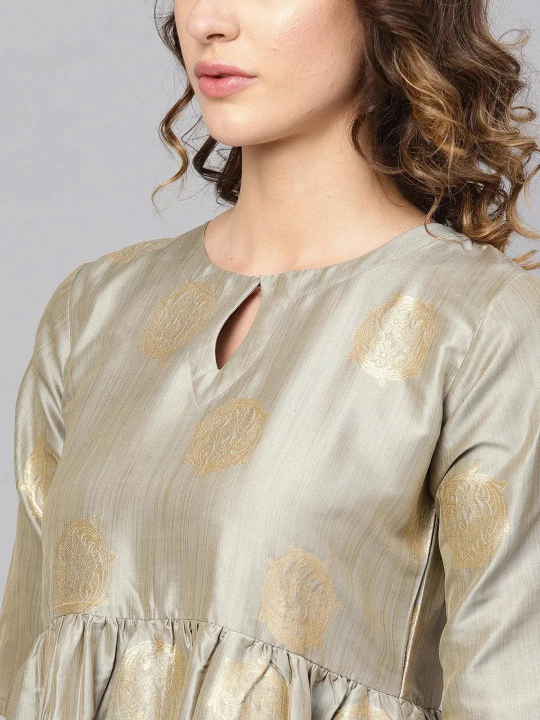 Grey Self Design Chanderi Dress - Libas