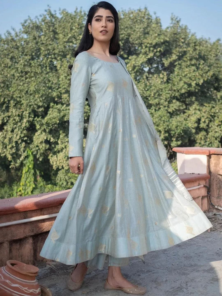Libas Grey Self Design Chanderi Silk Anarkali Kurta With Palazzos & Dupatta