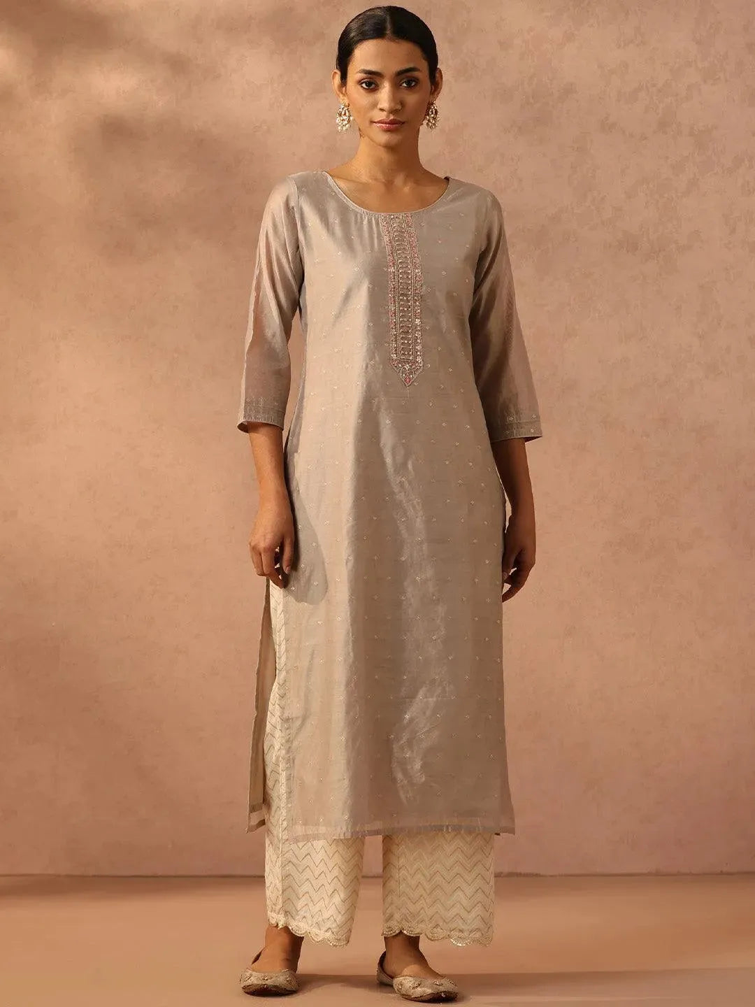 Grey Embroidered Chanderi Silk Straight Kurta - Libas