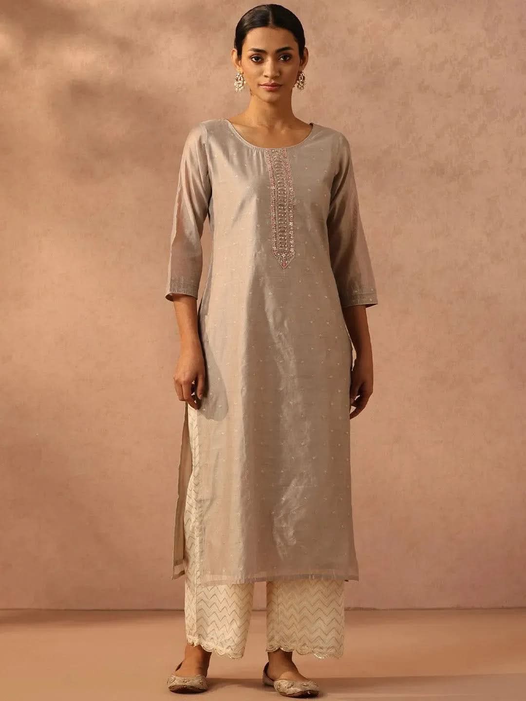 

Grey Self Design Chanderi Silk Straight Kurta