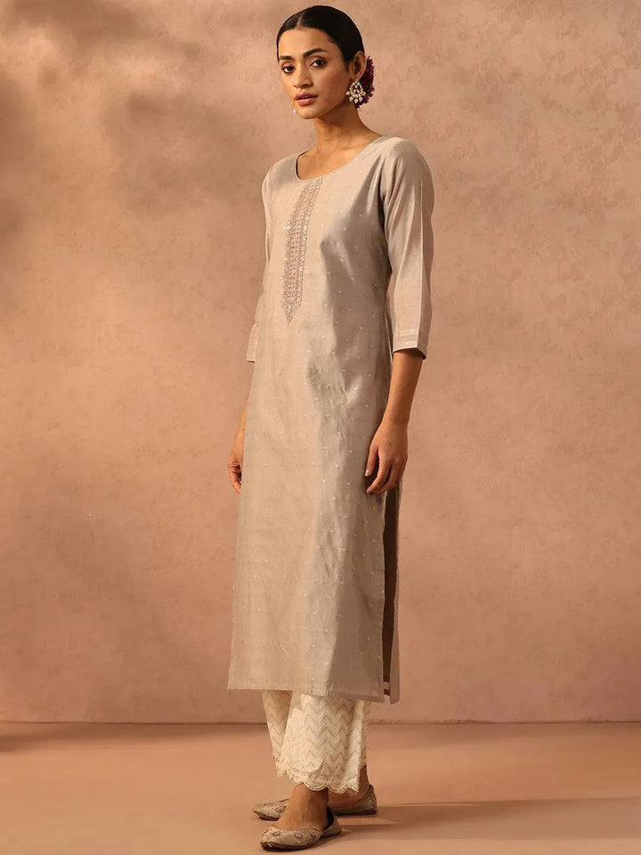 Grey Embroidered Chanderi Silk Straight Kurta - Libas