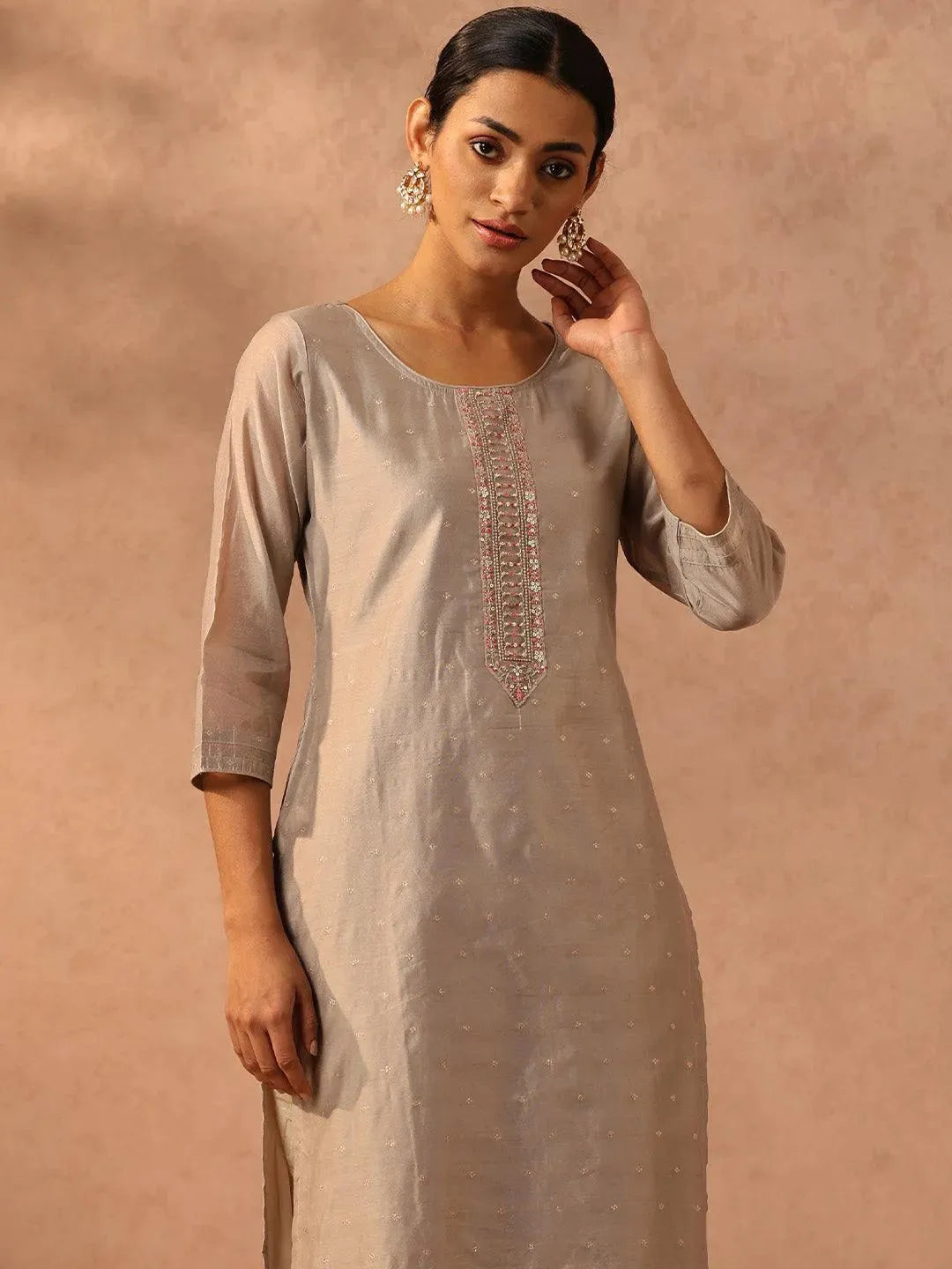 Grey Embroidered Chanderi Silk Straight Kurta - Libas 