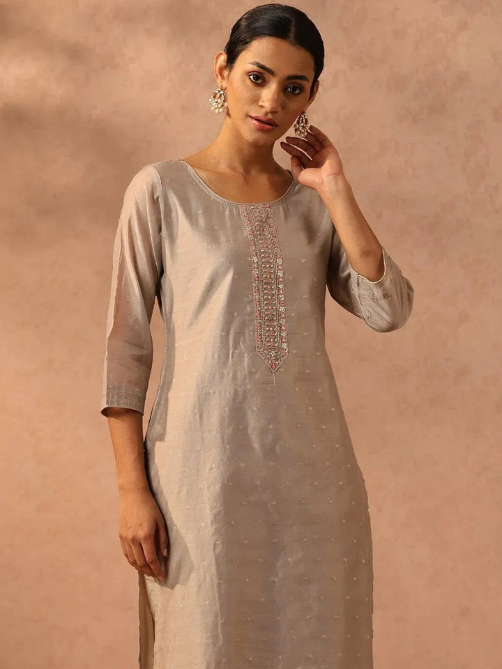 Grey Embroidered Chanderi Silk Straight Kurta - Libas