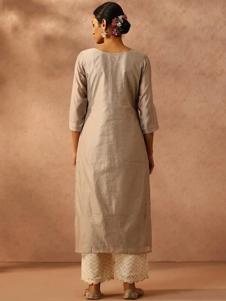 Grey Embroidered Chanderi Silk Straight Kurta - Libas