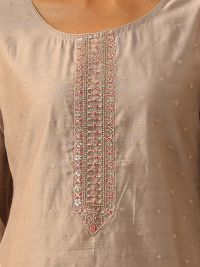 Grey Embroidered Chanderi Silk Straight Kurta - Libas