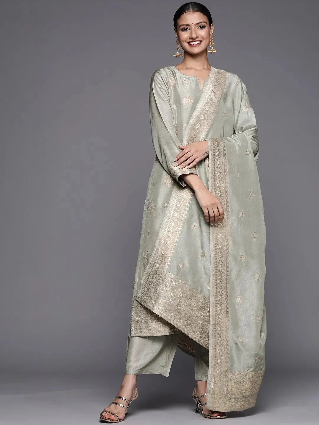 Grey Self Design Chanderi Silk Straight Suit Set - Libas