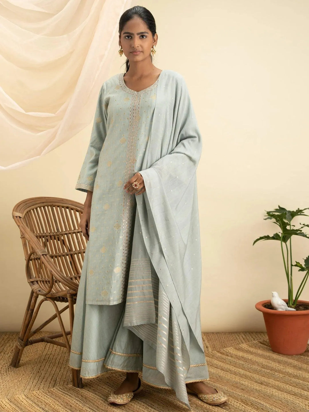 Grey Self Design Chanderi Silk Suit Set - Libas