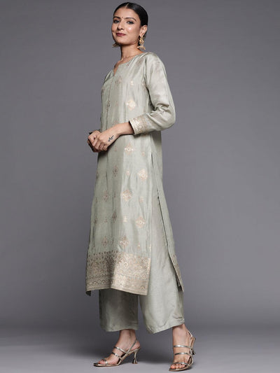 Grey Self Design Chanderi Silk Straight Suit Set - Libas