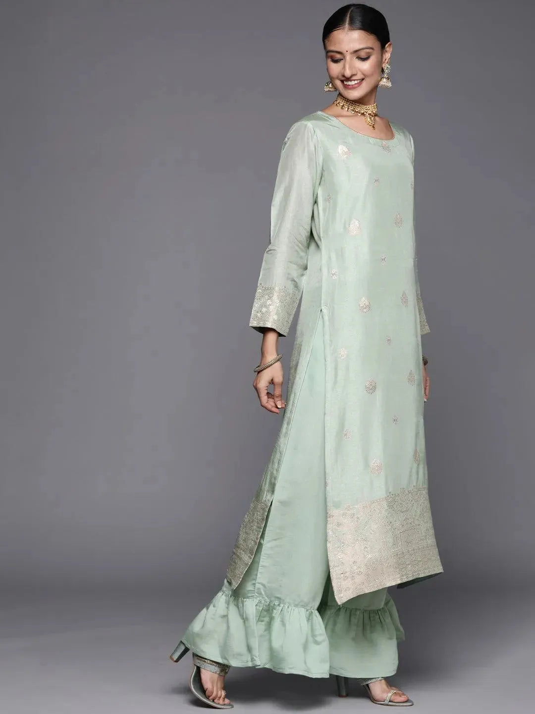 Grey Self Design Chanderi Silk Straight Suit Set - Libas 