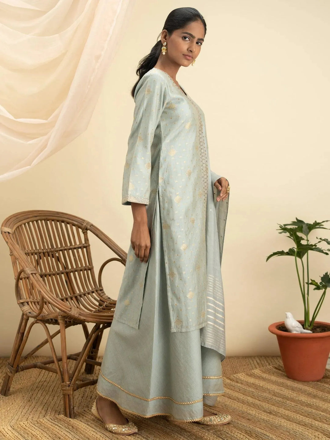 Grey Self Design Chanderi Silk Suit Set - Libas 