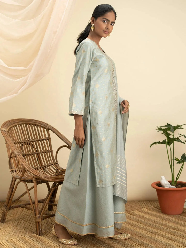 Grey Self Design Chanderi Silk Suit Set - Libas