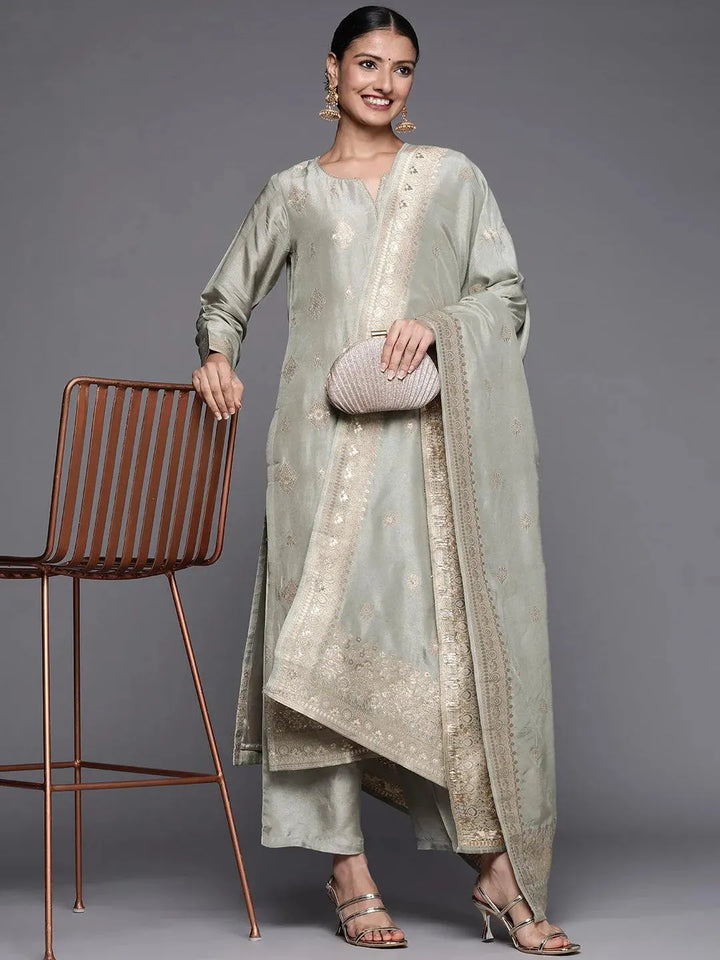 Grey Self Design Chanderi Silk Straight Suit Set - Libas