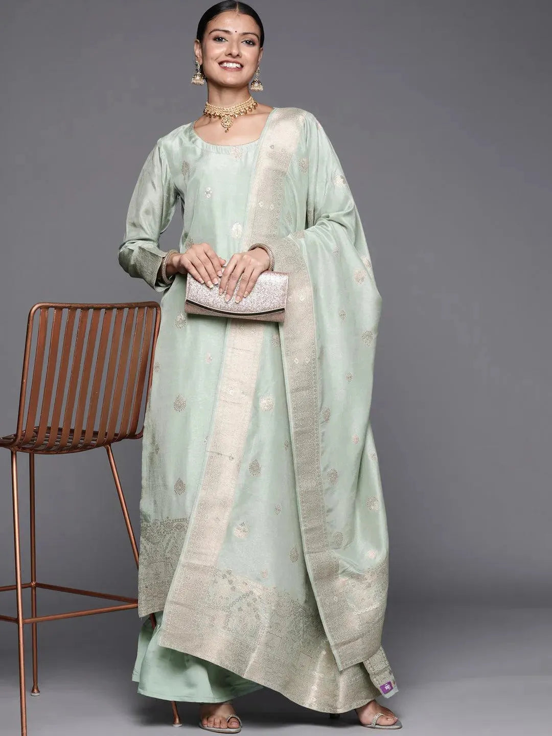 Grey Self Design Chanderi Silk Straight Suit Set - Libas 