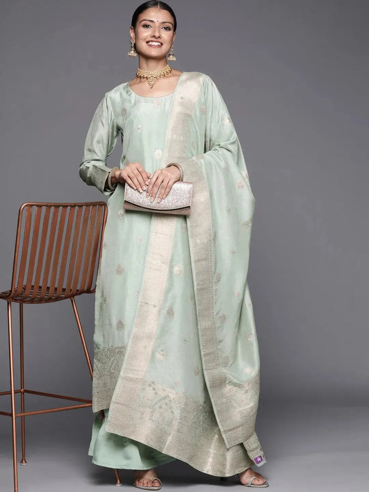 Grey Self Design Chanderi Silk Straight Suit Set - Libas
