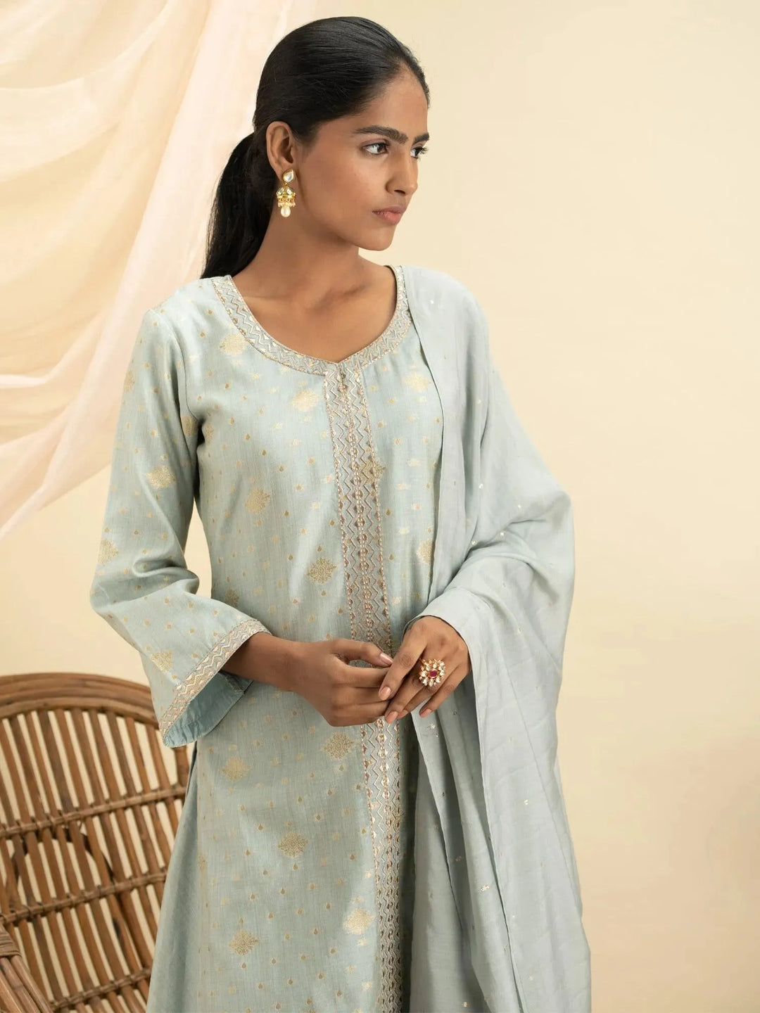 Grey Self Design Chanderi Silk Suit Set - Libas 