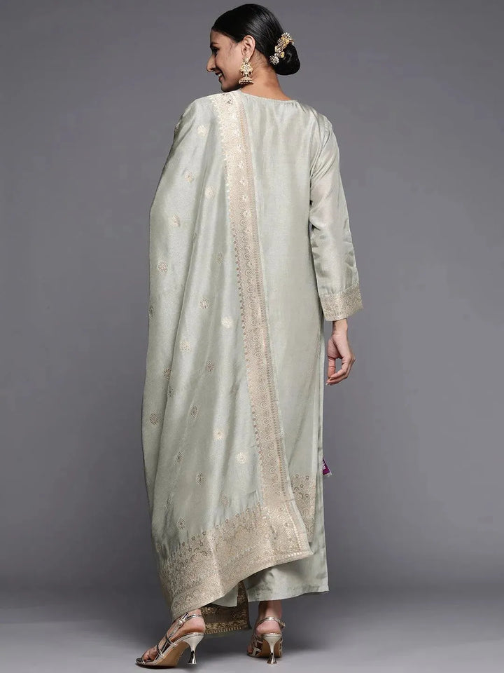 Grey Self Design Chanderi Silk Straight Suit Set - Libas