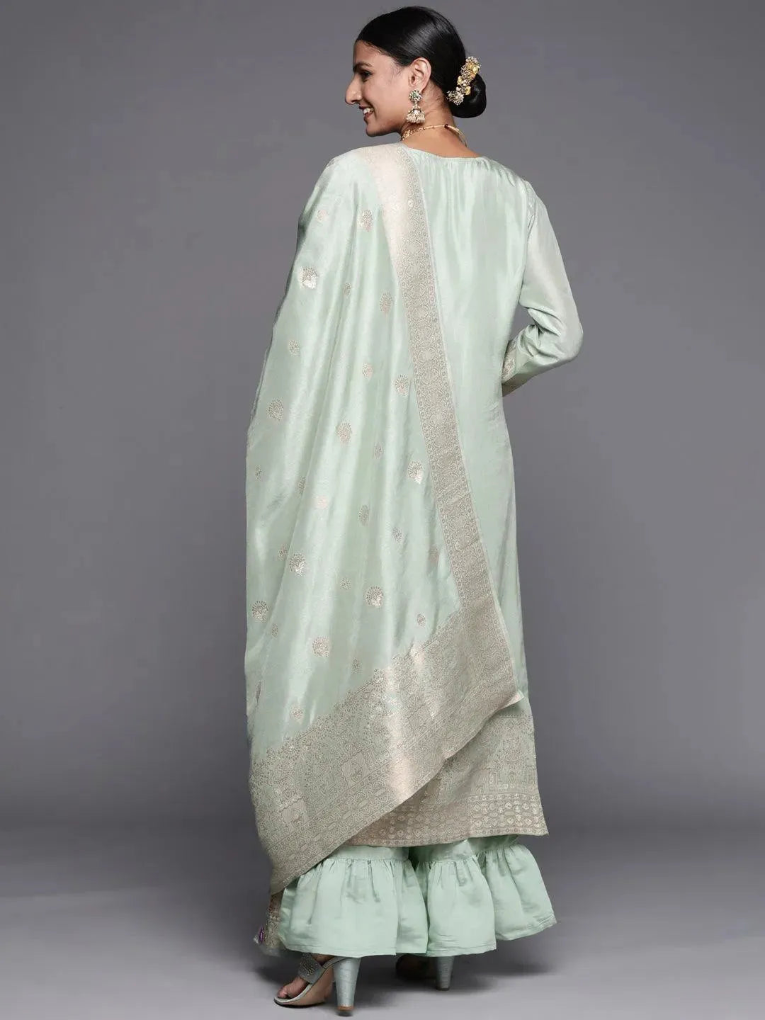 Grey Self Design Chanderi Silk Straight Suit Set - Libas 