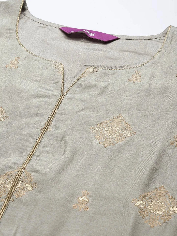 Grey Self Design Chanderi Silk Straight Suit Set - Libas