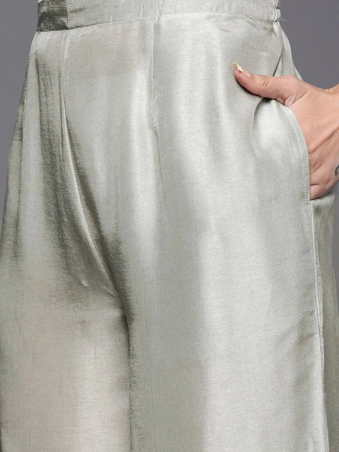 Grey Self Design Chanderi Silk Straight Suit Set - Libas 