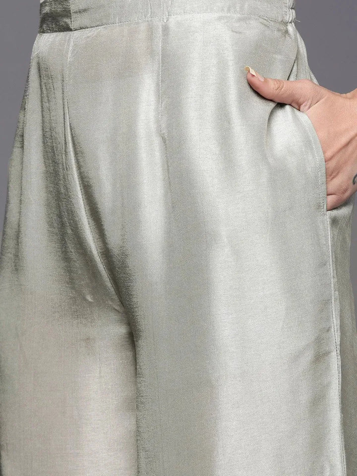 Grey Self Design Chanderi Silk Straight Suit Set - Libas