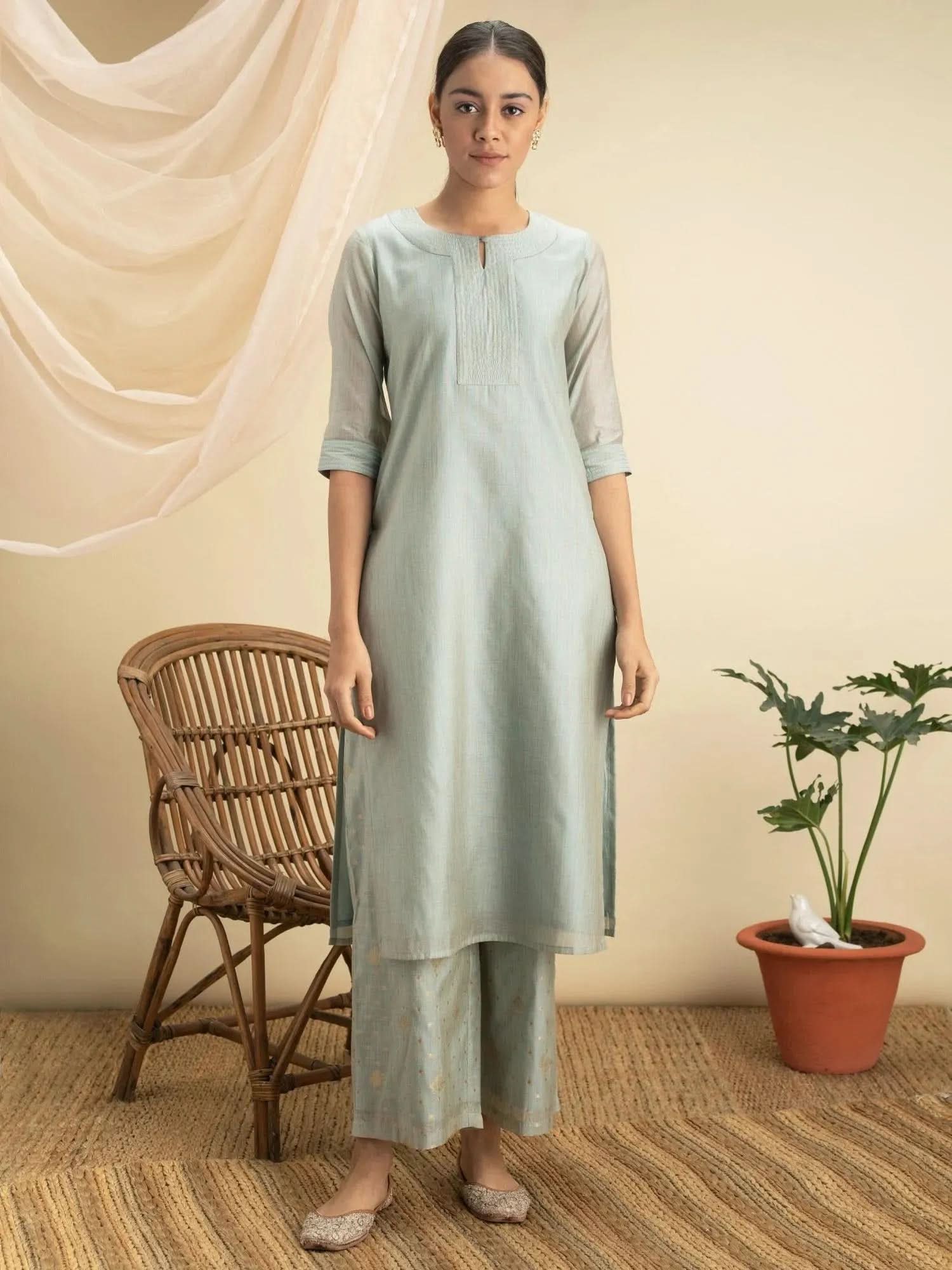

Buy Grey Self Design Chanderi Silk Kurta Set - 13087O- | Libas Ethnic Wear Online