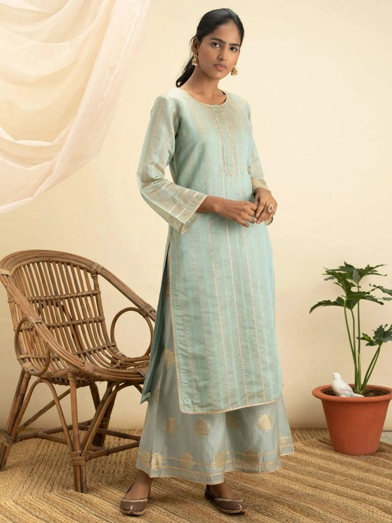 Libas Grey Self Design Chanderi Silk Straight Kurta With Palazzos