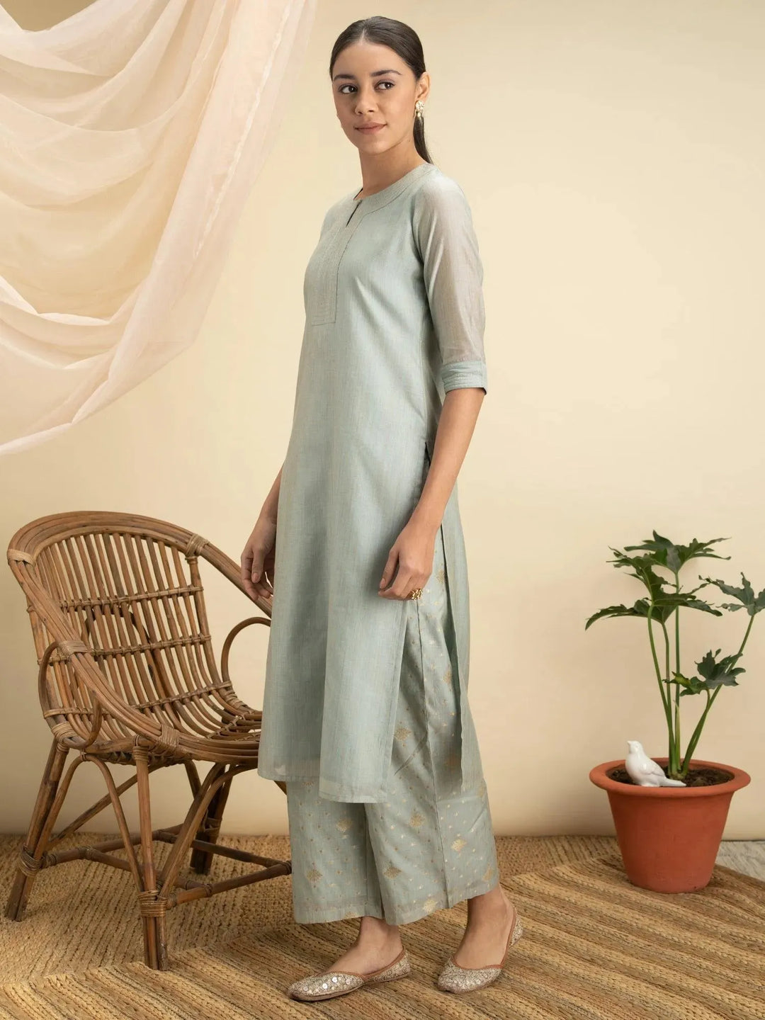 Grey Self Design Chanderi Silk Kurta Set - Libas