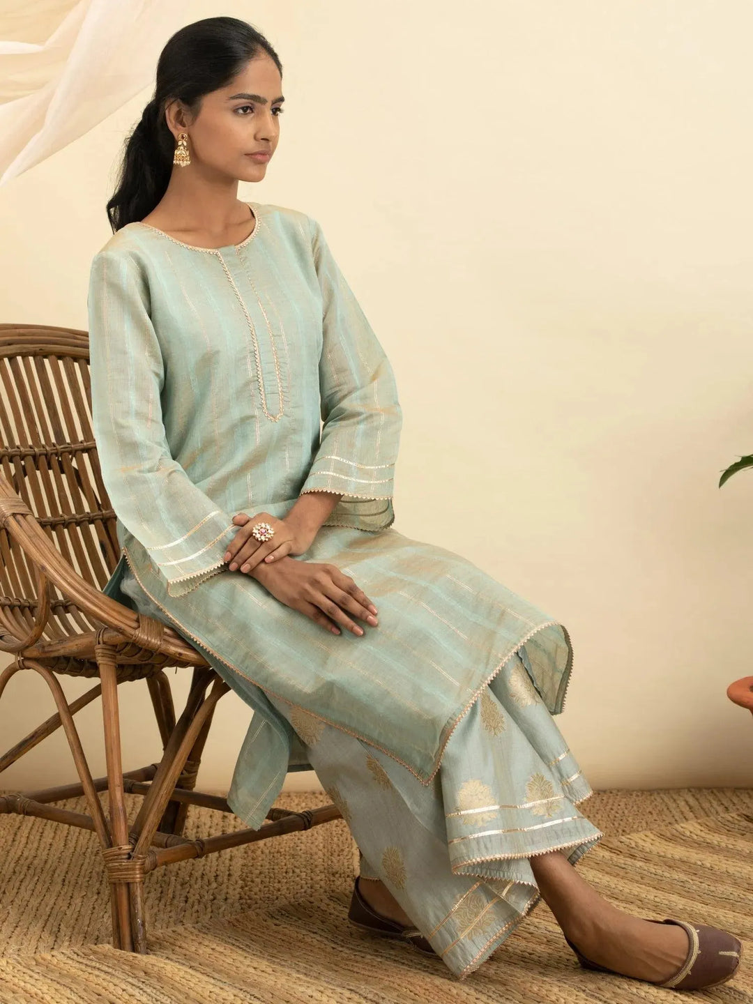 Grey Self Design Chanderi Silk Kurta Set - Libas 