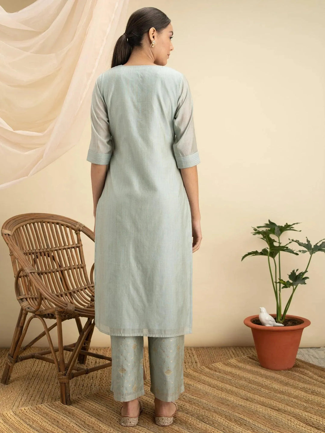 Grey Self Design Chanderi Silk Kurta Set - Libas