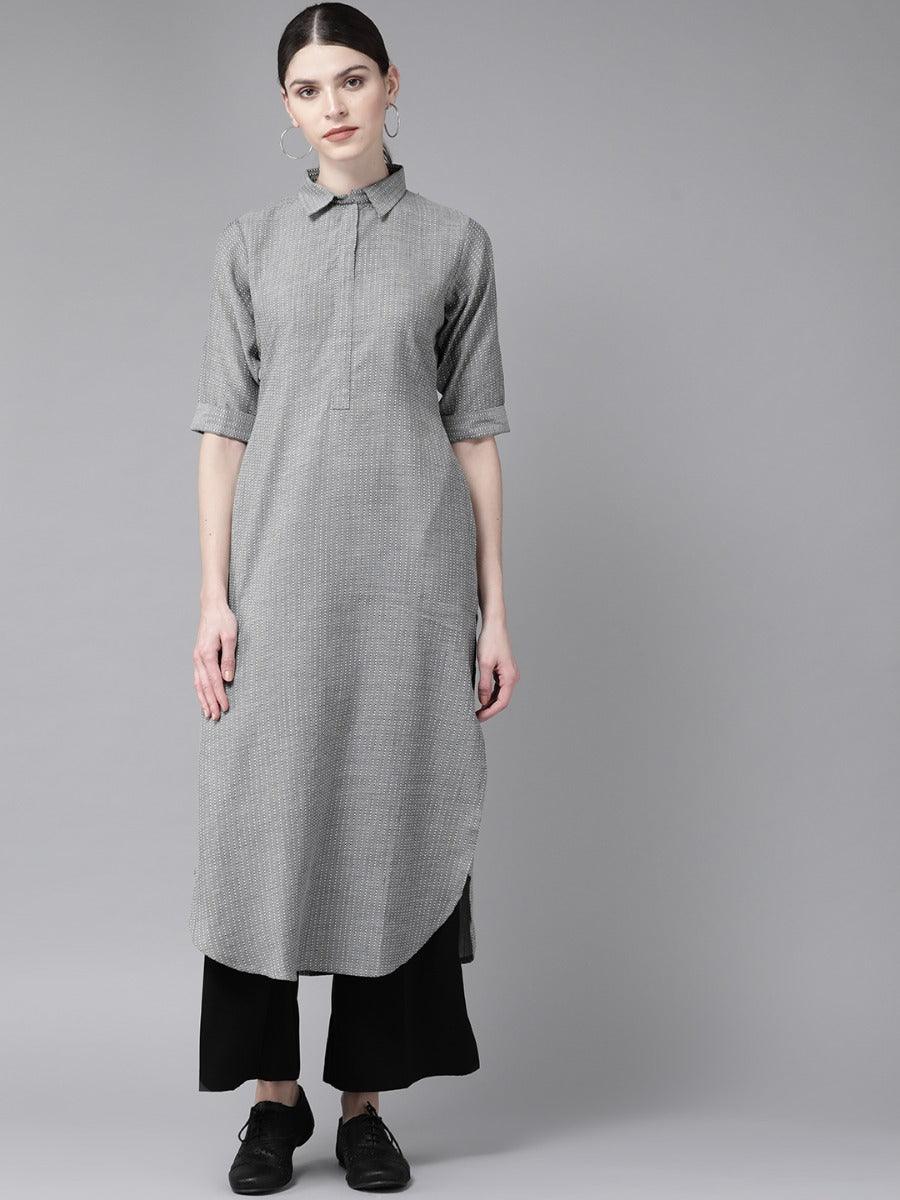Grey Self Design Cotton Kurta