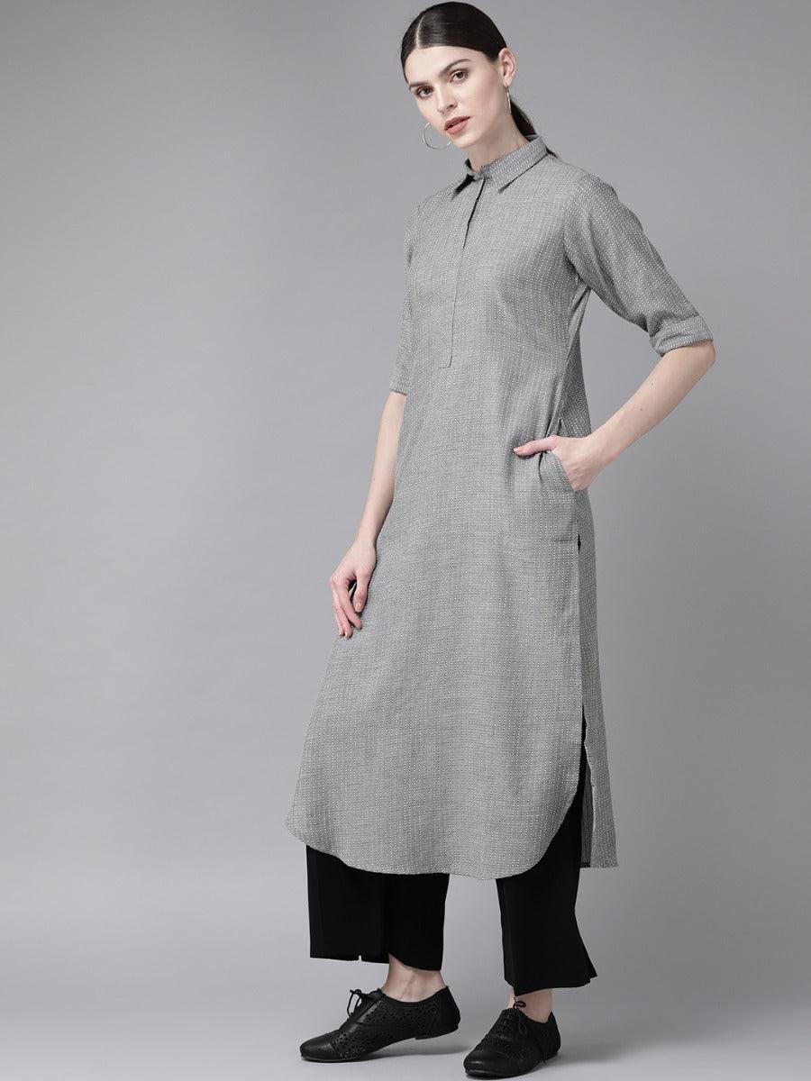 Grey Self Design Cotton Kurta - Libas