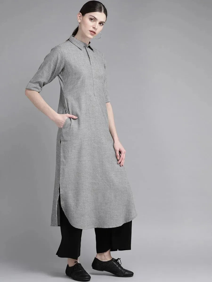 Grey Self Design Cotton Kurta - Libas