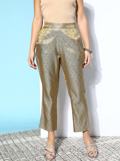 Grey Self Design Jacquard Trousers - Libas