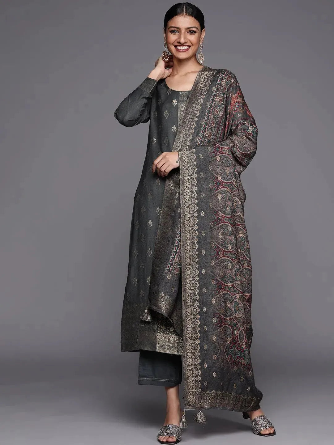 Grey Self Design Pashmina Wool Straight Suit Set - Libas 