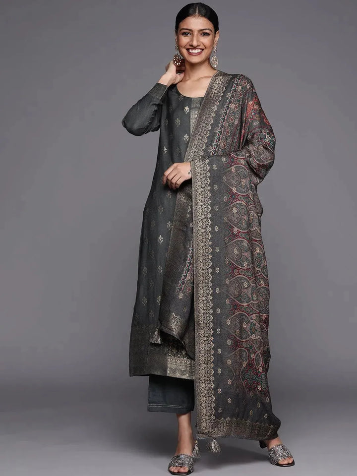 Grey Self Design Pashmina Wool Straight Suit Set - Libas