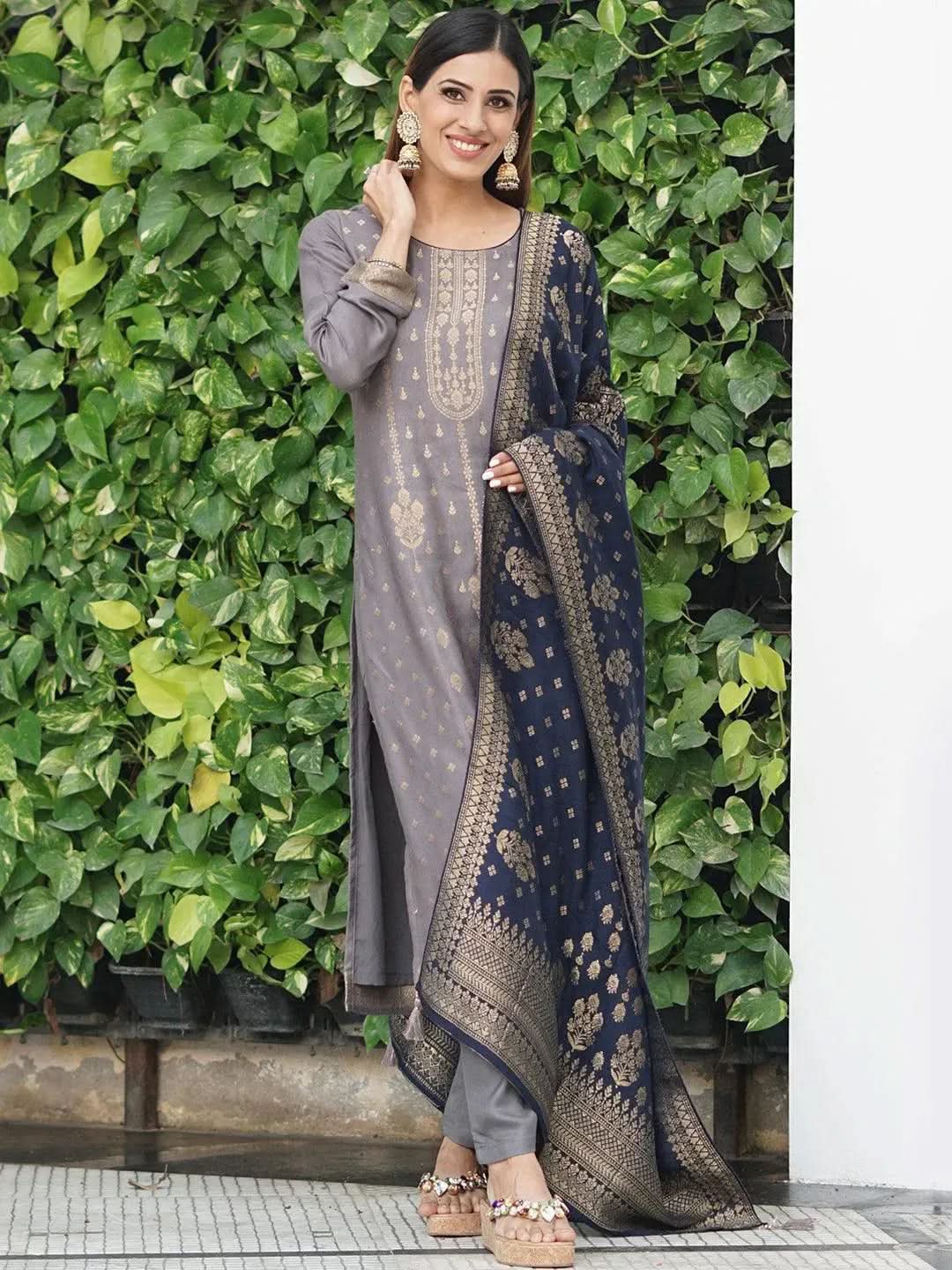 Grey Self Design Pashmina Wool Straight Suit Set - Libas 