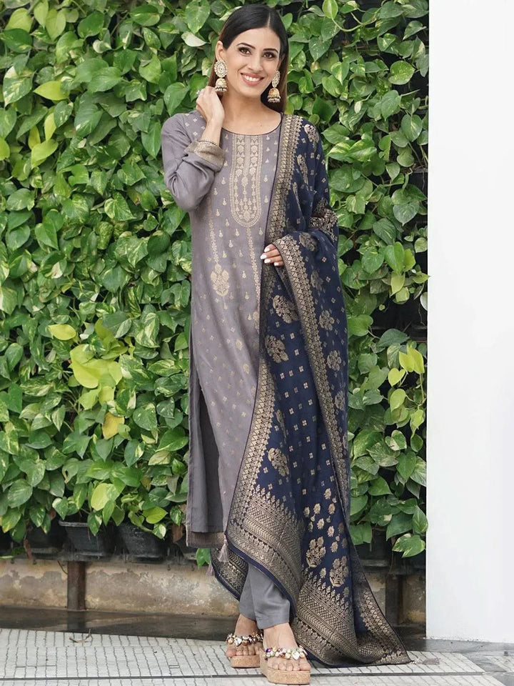 Grey Self Design Pashmina Wool Straight Suit Set - Libas