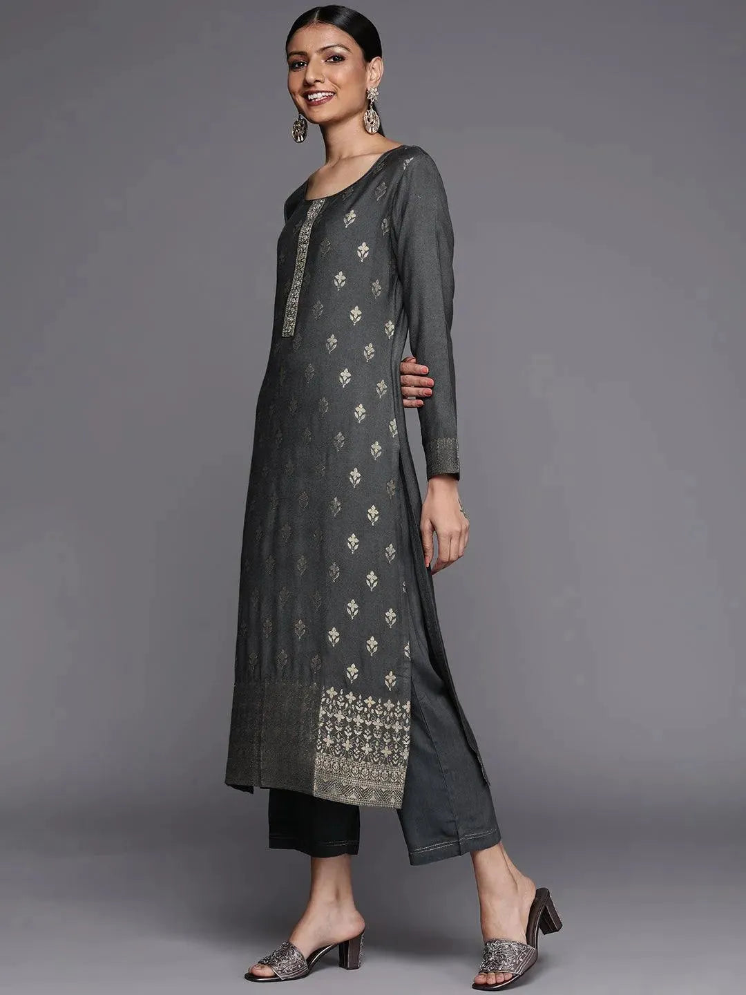 Grey Self Design Pashmina Wool Straight Suit Set - Libas