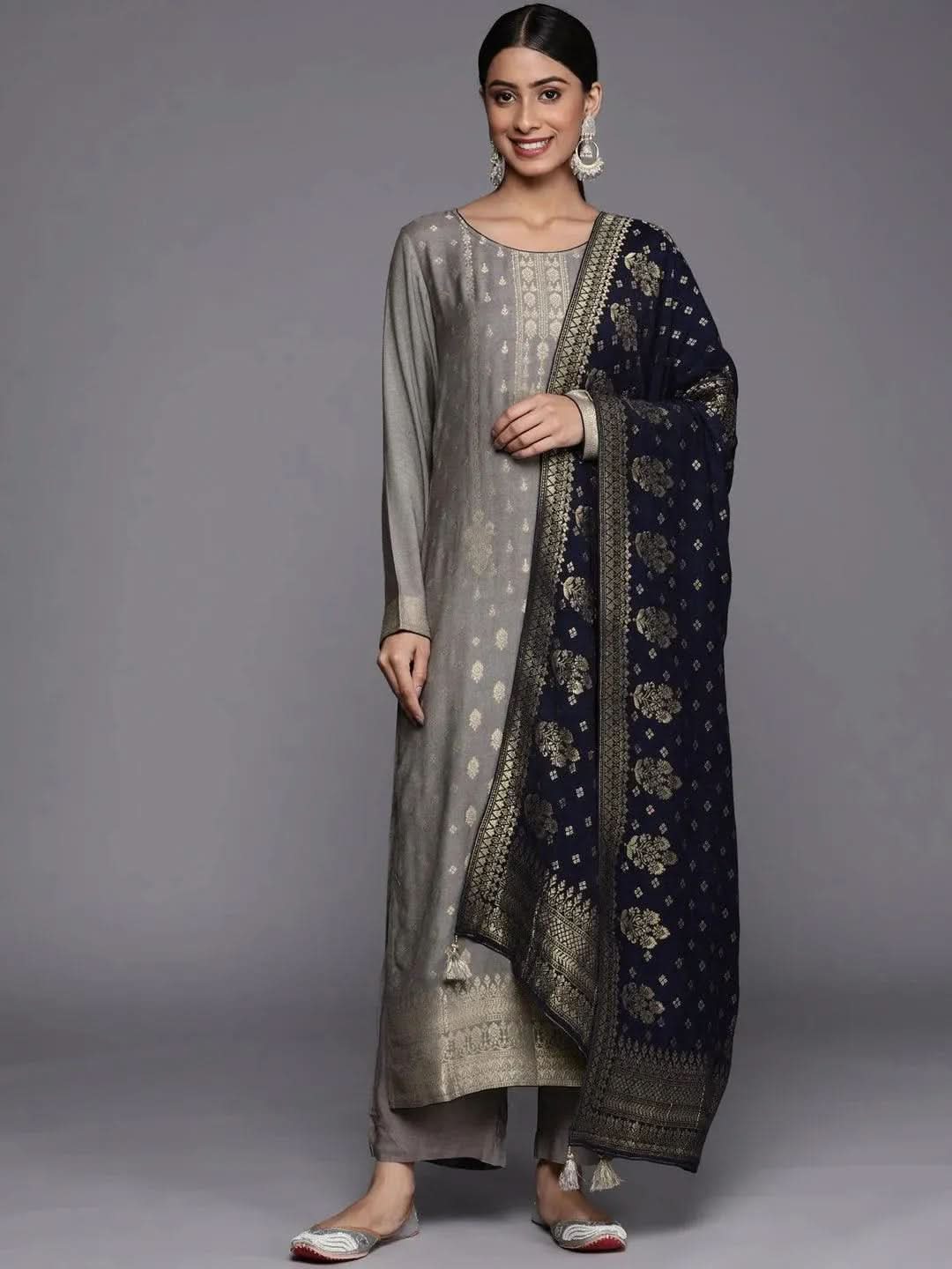 Grey Self Design Pashmina Wool Straight Suit Set - Libas 