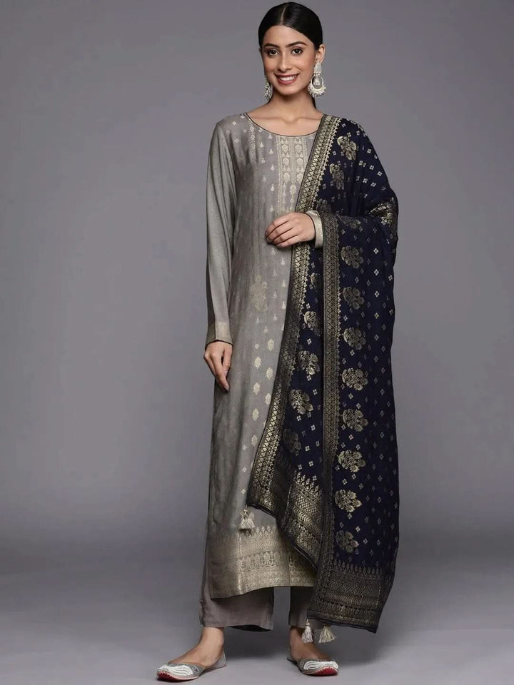 Grey Self Design Pashmina Wool Straight Suit Set - Libas