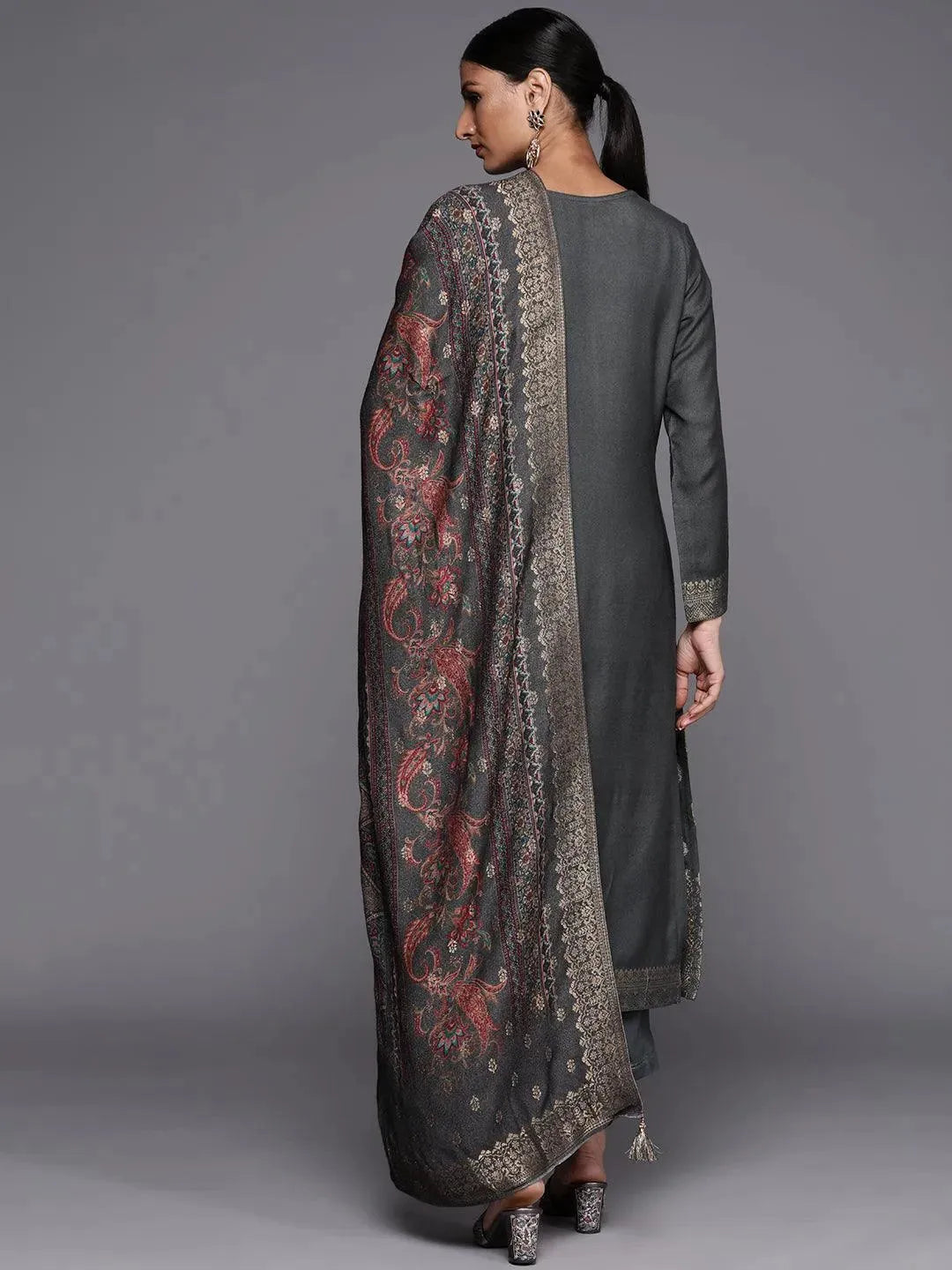 Grey Self Design Pashmina Wool Straight Suit Set - Libas 