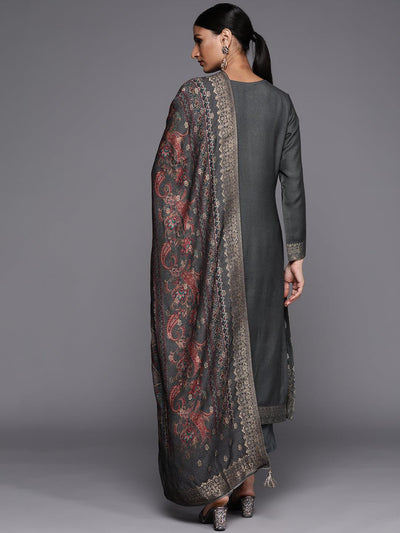 Grey Self Design Pashmina Wool Straight Suit Set - Libas