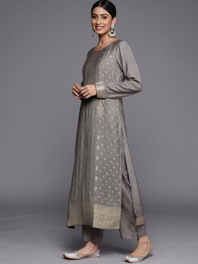 Grey Self Design Pashmina Wool Straight Suit Set - Libas