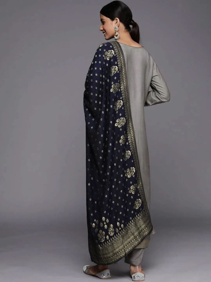 Grey Self Design Pashmina Wool Straight Suit Set - Libas
